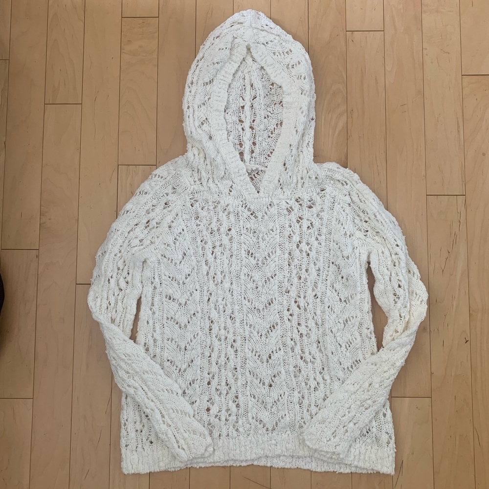 Anthropologie White Crochet Hood Sweater Sm NWOT